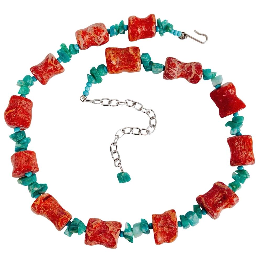 Chunky Coral Magnesite Turquoise? Southwestern Necklace Red Blue Beads 16"-19"